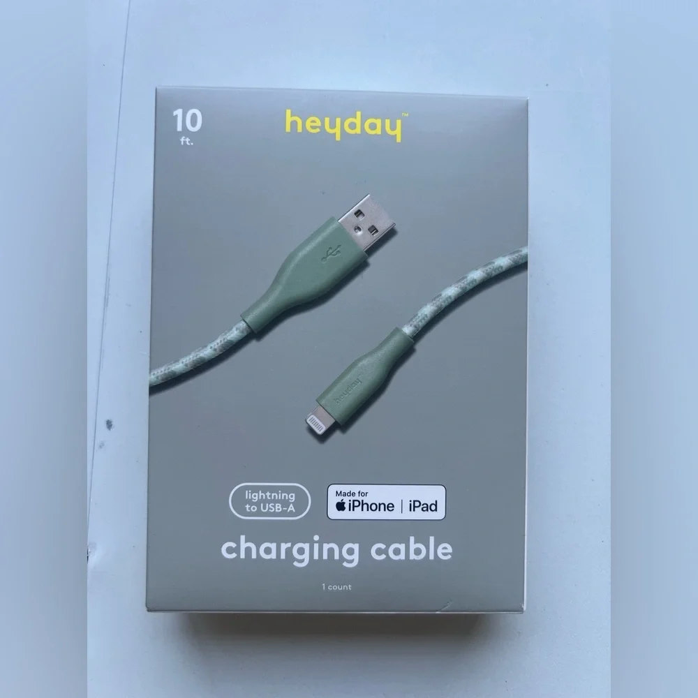 heyday Olive Green Braided 10 ft Lightning to USB-A Cable